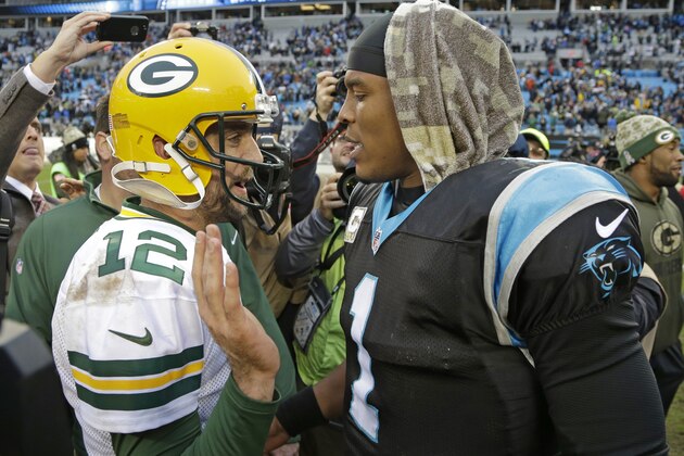 Carolina Panthers' Cam Newton (1) talks with Green Bay Packers' Aaron Rodgers (12) after an NFL football game in Charlotte, N.C., Sunday, Nov. 8, 2015. The Panthers won 37-29. (AP Photo/Bob Leverone) Carolina Panthers' Cam Newton (1) talks with Green Bay Packers' Aaron Rodgers (12) after an NFL football game in Charlotte, N.C., Sunday, Nov. 8, 2015. The Panthers won 37-29. (AP Photo/Bob Leverone)