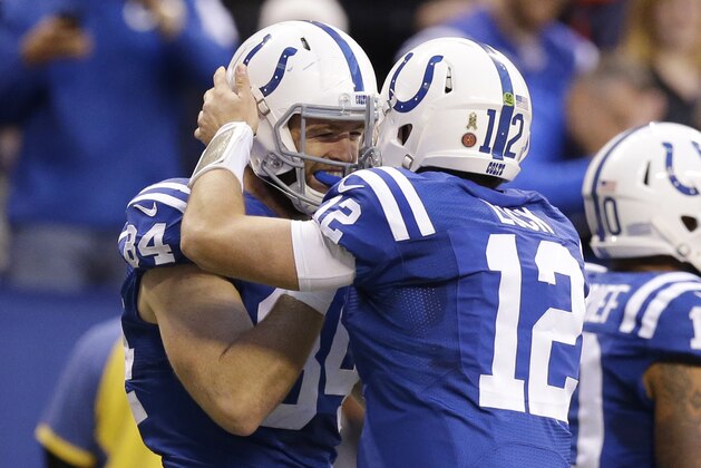 Indianapolis Colts quarterback Andrew Luck (12) celebrates with Jack Doyle after Doyle scored on a 3-yard touchdown reception during the first half of an NFL football game against the Denver Broncos, Sunday, Nov. 8, 2015, Indianapolis. (AP Photo/Michael Conroy)