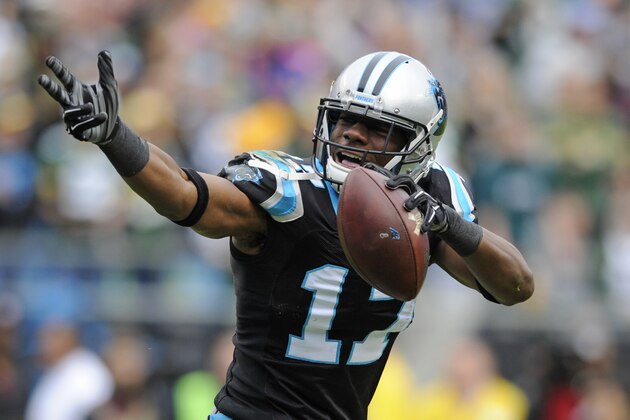 Carolina Panthers' Devin Funchess (17) celebrates after his catch against the Green Bay Packers in the first half of an NFL football game in Charlotte, N.C., Sunday, Nov. 8, 2015. (AP Photo/Mike McCarn)