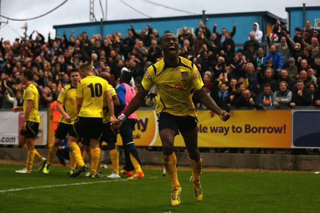 BRISTOL, ENGLAND - NOVEMBER 08:  Ryan Blake of Chesham United celebrates scoring the winning goal during the Emirates FA Cup first round match between Bristol Rovers and Chesham United at the Memorial Stadium on November 8, 2015 in Bristol, England.  (Photo by Michael Steele/Getty Images)