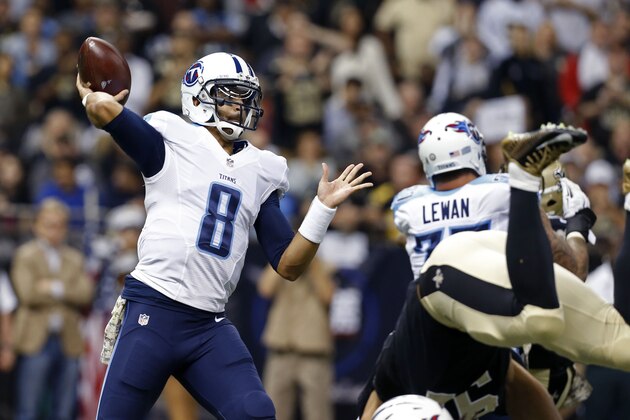 Tennessee Titans quarterback Marcus Mariota (8) passes in the first half of an NFL football game against the Tennessee Titans in New Orleans, Sunday, Nov. 8, 2015. (AP Photo/Jonathan Bachman)