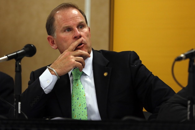 University of Missouri President Tim Wolfe participates in a news conference Friday, April 11, 2014, in Rolla, Mo. The news conference was held to discuss an outside legal review of the university's response to a case involving school swimmer Sasha Menu Courey, who killed herself 16 months after an alleged off-campus rape by as many as three football players in February 2010.  (AP Photo/Jeff Roberson) hs after an alleged off-campus rape by as many as three football players in February 2010.  (AP Photo/Jeff Roberson)