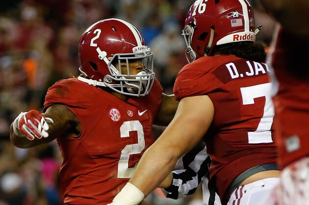 TUSCALOOSA, AL - NOVEMBER 07:  Derrick Henry #2 of the Alabama Crimson Tide celebrates his rushing touchdown the LSU Tigers in the third quarter at Bryant-Denny Stadium on November 7, 2015 in Tuscaloosa, Alabama.  (Photo by Kevin C. Cox/Getty Images)