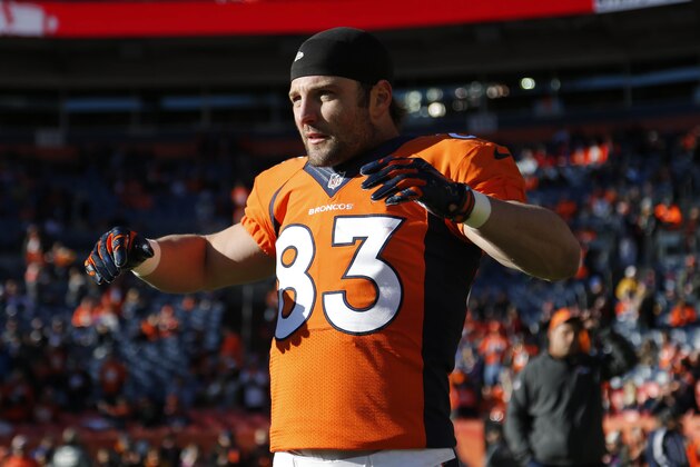 Denver Broncos wide receiver Wes Welker (83) stretches prior to an NFL football game against the Oakland Raiders, Sunday, Dec. 28, 2014, in Denver. (AP Photo/Jack Dempsey)