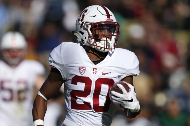 Stanford Cardinal running back Bryce Love (20) in the second half of an NCAA football game Saturday, Nov. 7, 2015, in Boulder, Colo. Stanford won 42-10. (AP Photo/David Zalubowski)