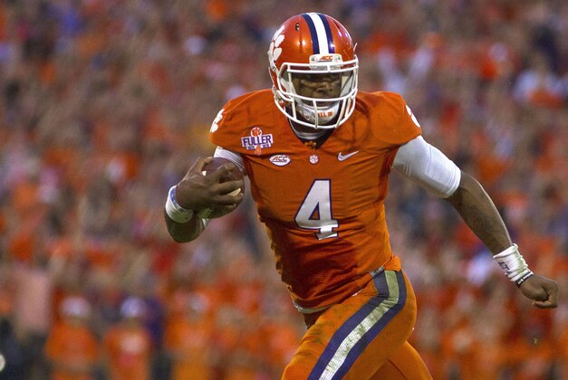 Nov 7, 2015; Clemson, SC, USA; Clemson Tigers quarterback Deshaun Watson (4) carries the ball during the first half against the Florida State Seminoles at Clemson Memorial Stadium. Mandatory Credit: Joshua S. Kelly-USA TODAY Sports