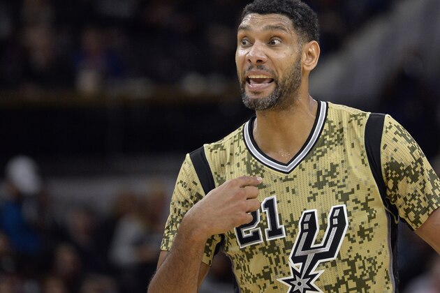 San Antonio Spurs forward Tim Duncan talks to a referee during the first half of an NBA basketball game against the Charlotte Hornets, Saturday, Nov. 7, 2015, in San Antonio. San Antonio won 114-94. (AP Photo/Darren Abate)