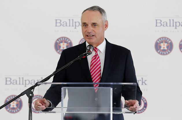 Major League Baseball commissioner Rob Manfred speaks during a groundbreaking ceremony for the future home of the Houston Astros and the Washington Nationals spring training facility on Monday, Nov. 9, 2015, in West Palm Beach, Fla. (AP Photo/Steve Mitchell)