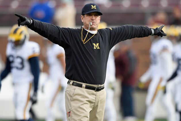 MINNEAPOLIS, MN - OCTOBER 31: Head coach Jim Harbaugh of the Michigan Wolverines looks on during warm-ups before the game against the Minnesota Golden Gophers on October 31, 2015 at TCF Bank Stadium in Minneapolis, Minnesota. (Photo by Hannah Foslien/Getty Images)