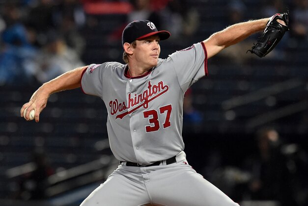 Oct 1, 2015; Atlanta, GA, USA; Washington Nationals starting pitcher Stephen Strasburg (37) pitches against the Atlanta Braves during the first inning at Turner Field. Mandatory Credit: Dale Zanine-USA TODAY Sports