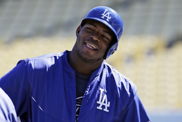 Los Angeles Dodgers right fielder Yasiel Puig watches during batting practice in preparation for the National League Division Series between the Los Angeles Dodgers and the New York Mets that is set to begin on Friday, Thursday, Oct. 8, 2015 in Los Angeles. (AP Photo/Chris Carlson)