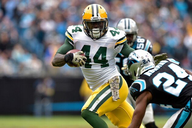 CHARLOTTE, NC - NOVEMBER 08:  James Starks #44 of the Green Bay Packers runs the ball against Josh Norman #24 of the Carolina Panthers in the 3rd quarter during their game at Bank of America Stadium on November 8, 2015 in Charlotte, North Carolina.  (Photo by Grant Halverson/Getty Images)