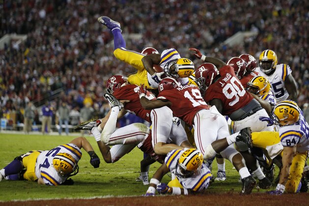 LSU running back Leonard Fournette (7) tries to reach the end zone as the Alabama defense holds at the line in the second half of an NCAA college football game Saturday, Nov. 7, 2015, in Tuscaloosa , Ala. (AP Photo/John Bazemore)