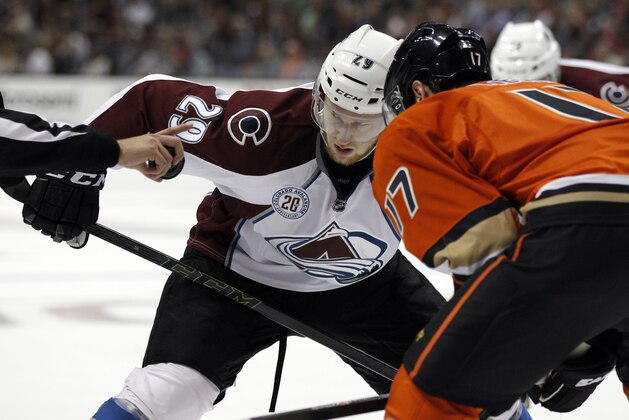 Colorado Avalanche center Nathan MacKinnon (29) faces off against Anaheim Ducks center Ryan Kesler (17) during the first period of an NHL hockey game in Anaheim, Calif., Friday, Oct. 16, 2015. (AP Photo/Alex Gallardo)