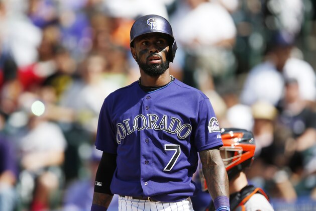 Colorado Rockies shortstop Jose Reyes (7) in the third inning of a baseball game Sunday, Sept. 6, 2015, in Denver. San Francisco won 7-4. (AP Photo/David Zalubowski)