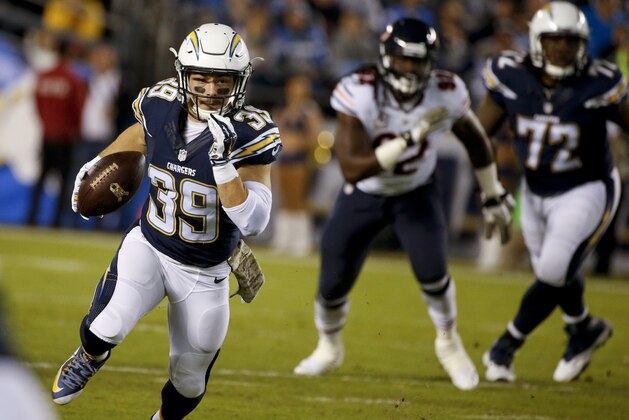 San Diego Chargers running back Danny Woodhead runs upfield during the first half of an NFL football game against the Chicago Bears,  Monday, Nov. 9, 2015, in San Diego. (AP Photo/Lenny Ignelzi)