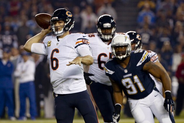 Chicago Bears quarterback Jay Cutler (6) throws a pass during the first half of an NFL football game against the San Diego Chargers,  Monday, Nov. 9, 2015, in San Diego. (AP Photo/Lenny Ignelzi)
