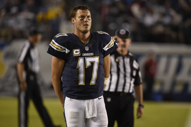 San Diego Chargers quarterback Philip Rivers looks on during the second half of an NFL football game against the Chicago Bears Monday, Nov. 9, 2015, in San Diego. (AP Photo/Denis Poroy)