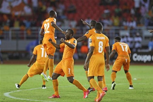 Ivory Coast players celebrate after captain Yaya Toure scored a penalty during their African Cup of Nations final soccer match against Ghana in Bata, Equatorial Guinea, Sunday, Feb. 8, 2015. (AP Photo/Themba Hadebe)