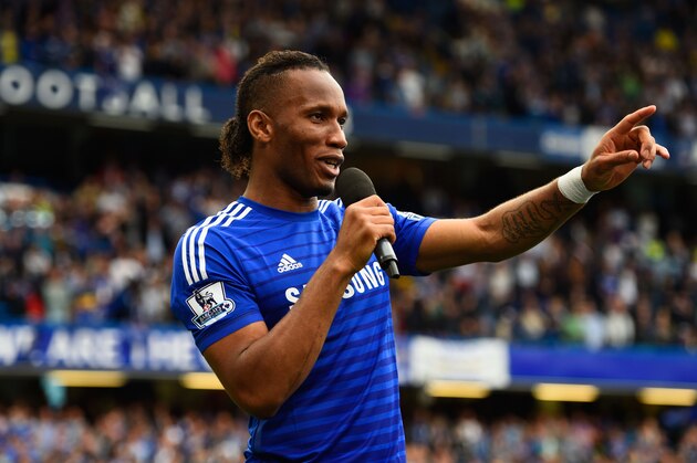 LONDON, ENGLAND - MAY 24:  Didier Drogba of Chelsea addresses the crowd after the Barclays Premier League match between Chelsea and Sunderland at Stamford Bridge on May 24, 2015 in London, England. Chelsea were crowned Premier League champions.  (Photo by Mike Hewitt/Getty Images)