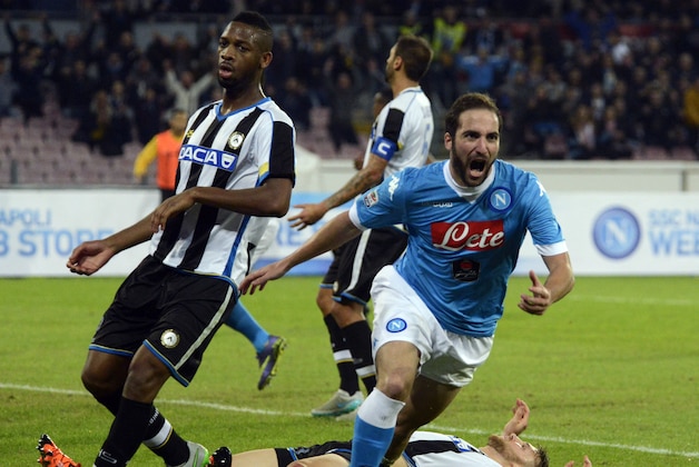Napoli's Gonzalo Higuain celebrates after scoring during a Serie A soccer match between Napoli and Udinese, at the San Paolo stadium in Naples, Italy, Sunday, Nov. 8, 2015. (AP Photo/Salvatore Laporta)