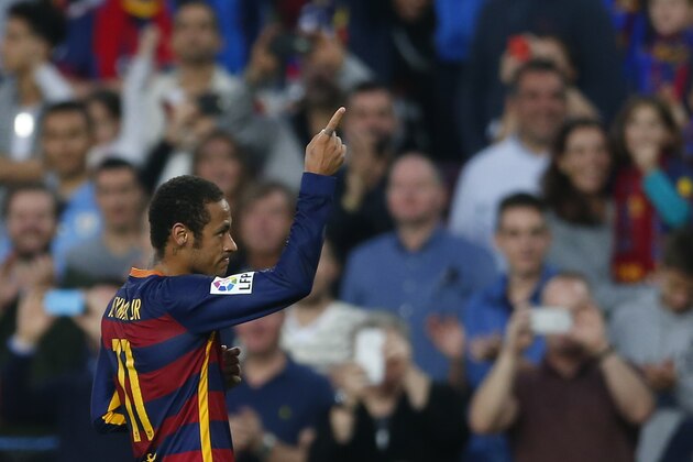 FC Barcelona's Neymar reacts after scoring against Villarreal during a Spanish La Liga soccer match at the Camp Nou stadium in Barcelona, Spain, Sunday, Nov. 8, 2015. (AP Photo/Manu Fernandez)