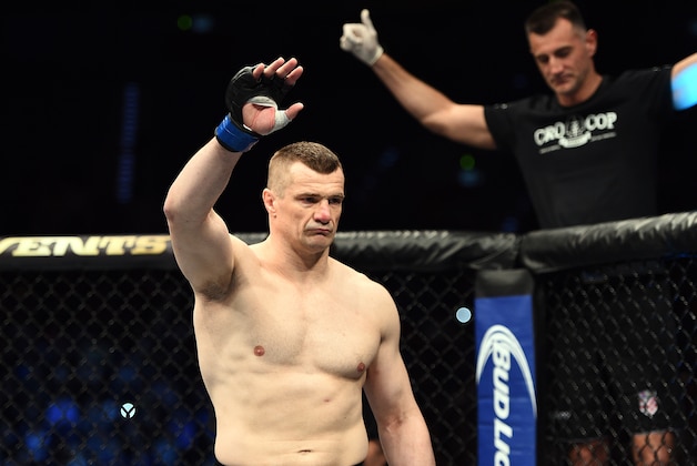 KRAKOW, POLAND - APRIL 11:  Mirko Cro Cop enters the Octagon before facing Gabriel Gonzaga in their heavyweight fight during the UFC Fight Night event at the Tauron Arena on April 11, 2015 in Krakow, Poland. (Photo by Jeff Bottari/Zuffa LLC/Zuffa LLC via Getty Images)