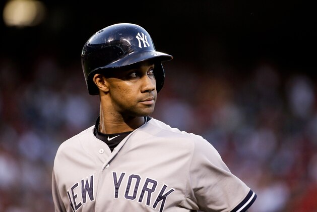 New York Yankees' Chris Young plays against the Los Angeles Angels during a baseball game in Anaheim, Calif., Monday, June 29, 2015. (AP Photo/Chris Carlson)