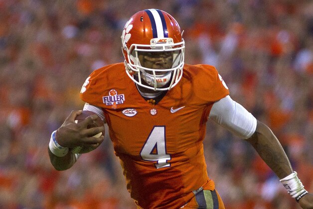 Nov 7, 2015; Clemson, SC, USA; Clemson Tigers quarterback Deshaun Watson (4) carries the ball during the first half against the Florida State Seminoles at Clemson Memorial Stadium. Mandatory Credit: Joshua S. Kelly-USA TODAY Sports