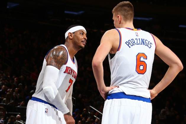 NEW YORK, NY - NOVEMBER 8:  Carmelo Anthony #7 and Kristaps Porzingis #6 of the New York Knicks talk during the game against the Los Angeles Lakers on November 8, 2015 at Madison Square Garden in New York, New York. NOTE TO USER: User expressly acknowledges and agrees that, by downloading and or using this Photograph, user is consenting to the terms and conditions of the Getty Images License Agreement. Mandatory Copyright Notice: Copyright 2015 NBAE (Photo by Nathaniel S. Butler/NBAE via Getty Images)