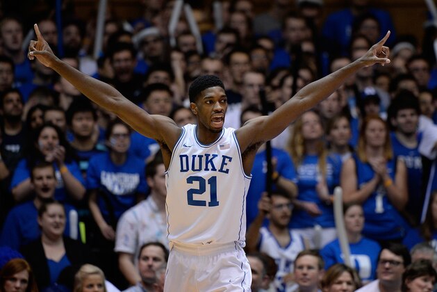 DURHAM, NC - MARCH 04:  Amile Jefferson #21 of the Duke Blue Devils reacts during a game against the Wake Forest Demon Deacons at Cameron Indoor Stadium on March 4, 2015 in Durham, North Carolina.  (Photo by Grant Halverson/Getty Images)
