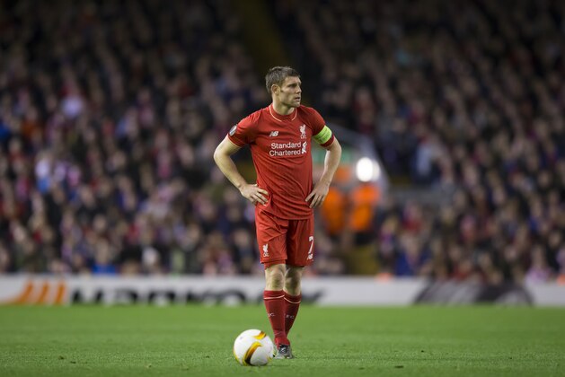 Liverpool's James Milner during the Europa League Group B soccer match between Liverpool and Rubin Kazan at Anfield Stadium, Liverpool, England, Thursday Oct. 22, 2015. (AP Photo/Jon Super)