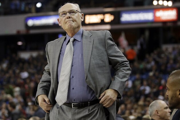 Sacramento Kings head coach George Karl grimaces during the first half of an NBA basketball game against the San Antonio Spurs in Sacramento, Calif., Monday, Nov. 9, 2015. (AP Photo/Rich Pedroncelli)