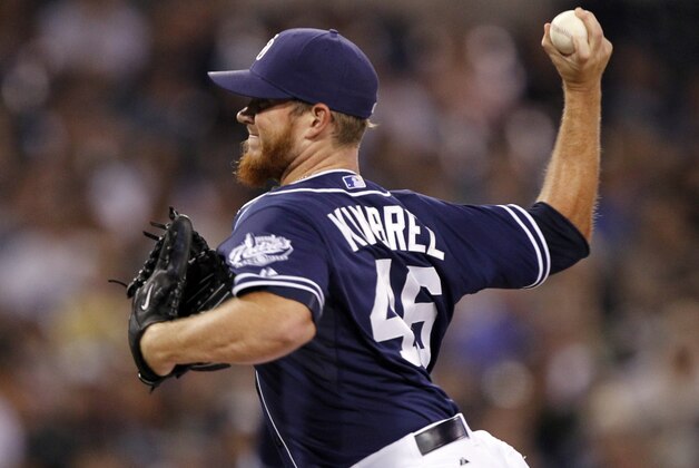 San Diego Padres relief pitcher Craig Kimbrel throws against the Arizona Diamondbacks during the ninth inning of a baseball game in San Diego, Saturday, Sept. 26, 2015. The Padres won the game 3-0. (AP Photo/Alex Gallardo)