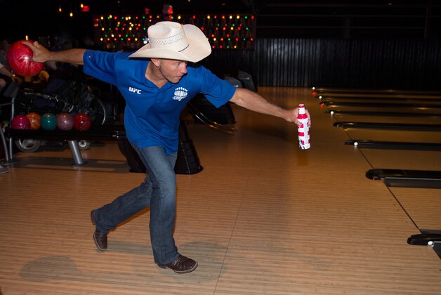 LAS VEGAS, NEVADA - JULY 9:   Donald Cerrone bowls with fans during the UFC International Fight Week charity bowling event at Brooklyn Bowl Las Vegas at The LINQ on on July 9, 2015 in Las Vegas Nevada. (Photo by Brandon Magnus/Zuffa LLC/Zuffa LLC via Getty Images)
