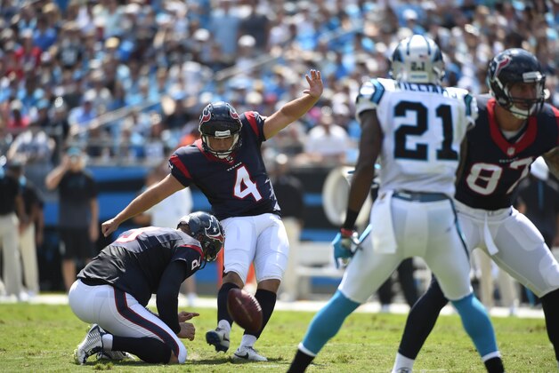 Sep 20, 2015; Charlotte, NC, USA; Houston Texans kicker Randy Bullock (4) kick a field goal in the first quarter at Bank of America Stadium. Mandatory Credit: Bob Donnan-USA TODAY Sports