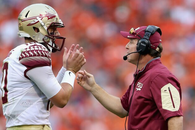 CLEMSON, SC - NOVEMBER 07:  Sean Maguire #10 of the Florida State Seminoles talks to his head coach Jimbo Fisher against the Clemson Tigers during their game at Memorial Stadium on November 7, 2015 in Clemson, South Carolina.  (Photo by Streeter Lecka/Getty Images)