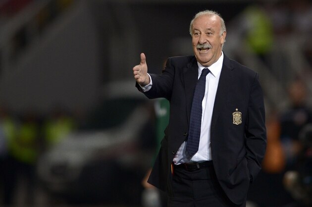 Spain's Head coach Vicente del Bosque reacts during the Euro 2016 Group C qualifying football match between Macedonia and Spain at the Filip II Arena stadium in Skopje on September 8, 2015.     AFP PHOTO / NIKOLAY DOYCHINOV        (Photo credit should read NIKOLAY DOYCHINOV/AFP/Getty Images)