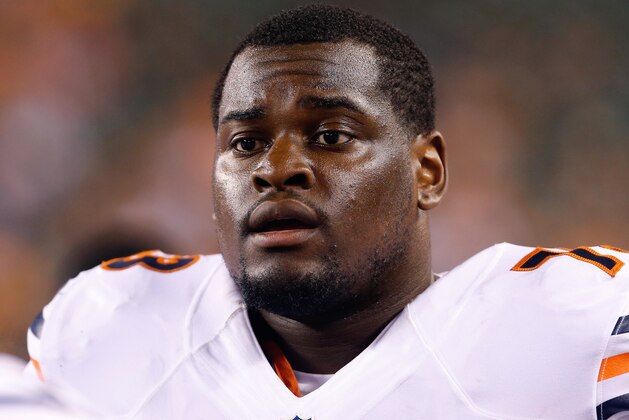 Aug 29, 2015; Cincinnati, OH, USA; Chicago Bears offensive tackle Tayo Fabuluje (73) against the Cincinnati Bengals in a preseason NFL football game at Paul Brown Stadium. The Bengals won 21-10. Mandatory Credit: Aaron Doster-USA TODAY Sports