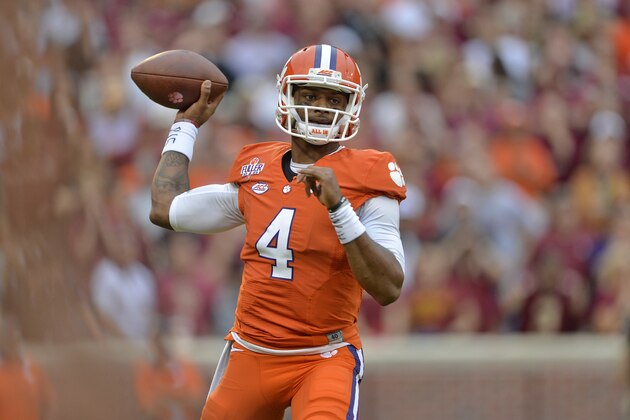 Clemson quarterback Deshaun Watson throws a pass during the first half of an NCAA college football game against Florida State, Saturday, Nov. 7, 2015,  in Clemson,  S.C.  (AP Photo/Richard Shiro)