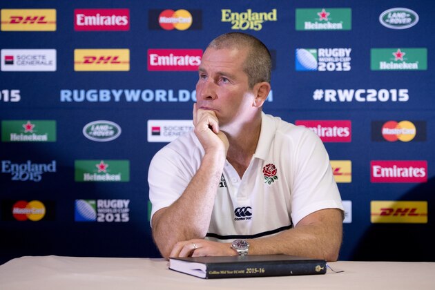 England's head coach Stuart Lancaster attends a press conference in Worsley, northern England, on October 11, 2015, on the morning after England's 60-3 Pool A match victory over Uruguay in 2015 Rugby World Cup. Veteran Nick Easter and World Cup debutant Jack Nowell scored a hat-trick of tries each in England's 60-3 consolation hammering of Uruguay.  However, the team were far from forgiven for their disastrous tournament which saw them become the first hosts to fail to reach the knockout stages.   AFP PHOTO / OLI SCARFF        (Photo credit should read OLI SCARFF/AFP/Getty Images)