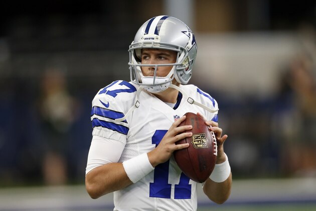 Dallas Cowboys quarterback Kellen Moore warms up on the field before an NFL football game against the Atlanta Falcons on Sunday, Sept. 27, 2015, in Arlington, Texas. (AP Photo/Brandon Wade)