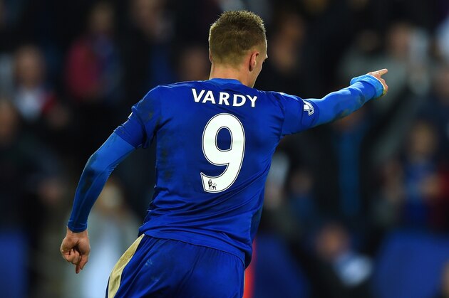 LEICESTER, ENGLAND - NOVEMBER 07:  Jamie Vardy of Leicester City celebrates scoring his team's second goal during the Barclays Premier League match between Leicester City and Watford at The King Power Stadium on November 7, 2015 in Leicester, England.  (Photo by Shaun Botterill/Getty Images)