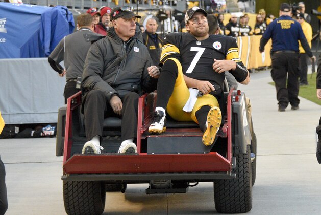 Pittsburgh Steelers quarterback Ben Roethlisberger (7) is carted from the field after being injured in the fourth quarter of an NFL football game against the Oakland Raiders, Sunday, Nov. 8, 2015, in Pittsburgh. (AP Photo/Don Wright)