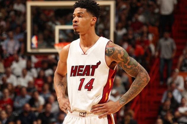 MIAMI, FL - OCTOBER 28:  Gerald Green #14 of the Miami Heat looks on during the game against the Charlotte Hornets on October 28, 2015 at AmericanAirlines Arena in Miami, Florida. NOTE TO USER: User expressly acknowledges and agrees that, by downloading and or using this Photograph, user is consenting to the terms and conditions of the Getty Images License Agreement. Mandatory Copyright Notice: Copyright 2015 NBAE (Photo by Issac Baldizon/NBAE via Getty Images)