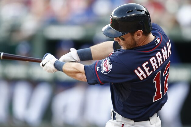 Minnesota Twins' Chris Herrmann follows through on his RBI double scoring Eduardo Nunez against the Texas Rangers during the ninth inning of a baseball game, Saturday, June 13, 2015, in Arlington, Texas. The Rangers won 11-7. (AP Photo/Jim Cowsert)
