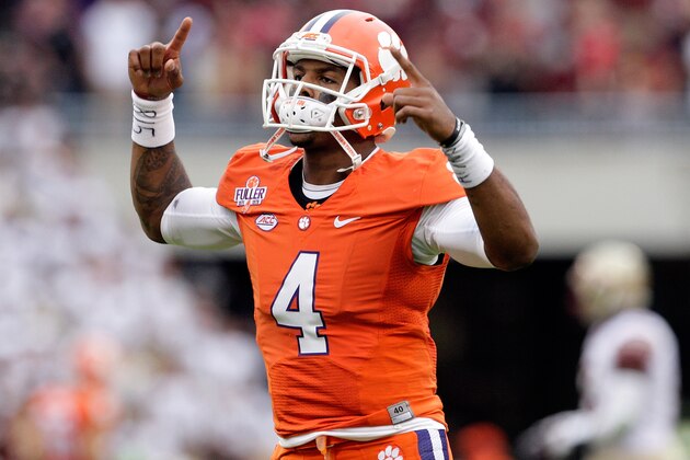 CLEMSON, SC - NOVEMBER 7: Deshaun Watson #4 of the Clemson Tigers pumps up fans prior to the game against the Florida State Seminoles at Memorial Stadium on November 7, 2015 in Clemson, South Carolina. (Photo by Tyler Smith/Getty Images)