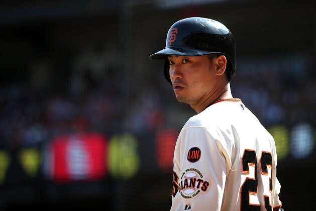 SAN FRANCISCO, CA - AUGUST 30:  Nori Aoki #23 of the San Francisco Giants waits in the on deck circle during the game against the St. Louis Cardinals at AT&T Park on Sunday, August 30, 2015 in San Francisco, California. (Photo by Brad Mangin/MLB Photos via Getty Images)