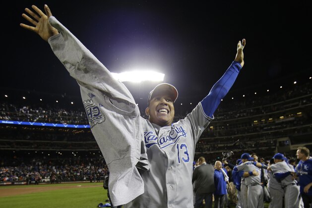 Kansas City Royals catcher Salvador Perez celebrates after being named the MVP after Game 5 of the Major League Baseball World Series against the New York Mets Monday, Nov. 2, 2015, in New York. The Royals won 7-2 to win the series. (AP Photo/Matt Slocum)