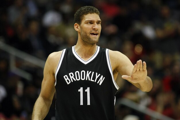 Nov 4, 2015; Atlanta, GA, USA; Brooklyn Nets center Brook Lopez (11) reacts against the Atlanta Hawks in the fourth quarter at Philips Arena. The Hawks defeated the Nets 101-87. Mandatory Credit: Brett Davis-USA TODAY Sports
